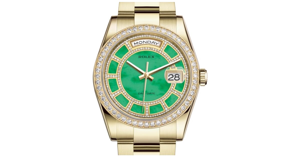 エゴスキュー　ドロップ台　ウォールドロップ Rolex Day-Date 36 Yellow Gold Carousel of Green Jade Diamond Dial
