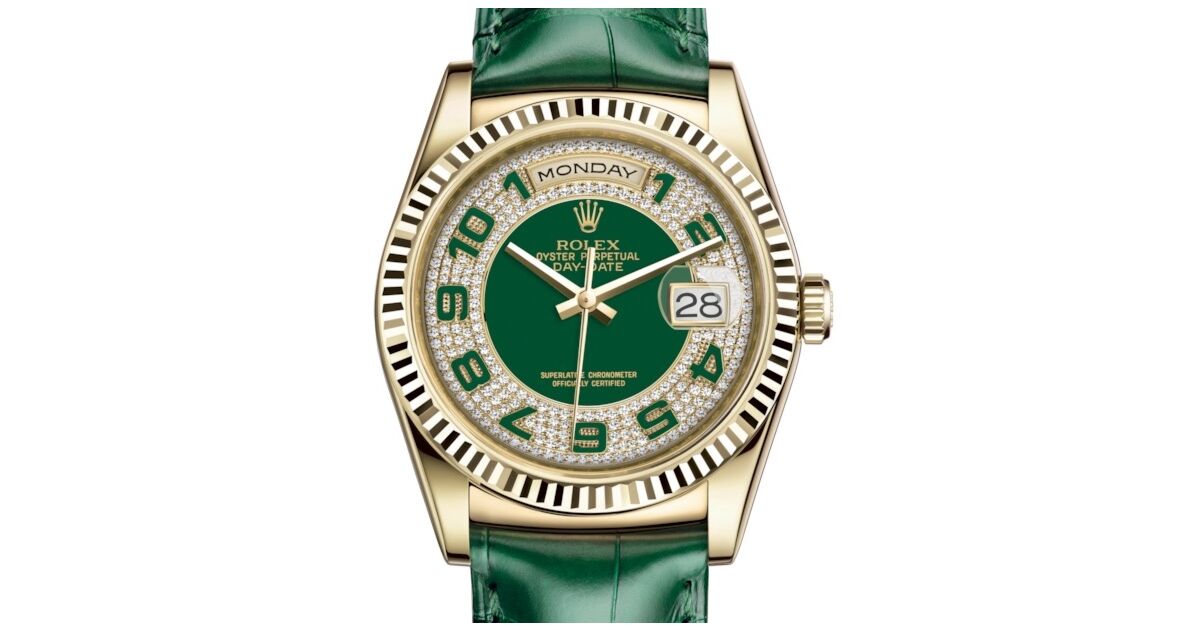 Rolex Day-Date 36 Yellow Gold Green Diamond Paved Arabic Dial