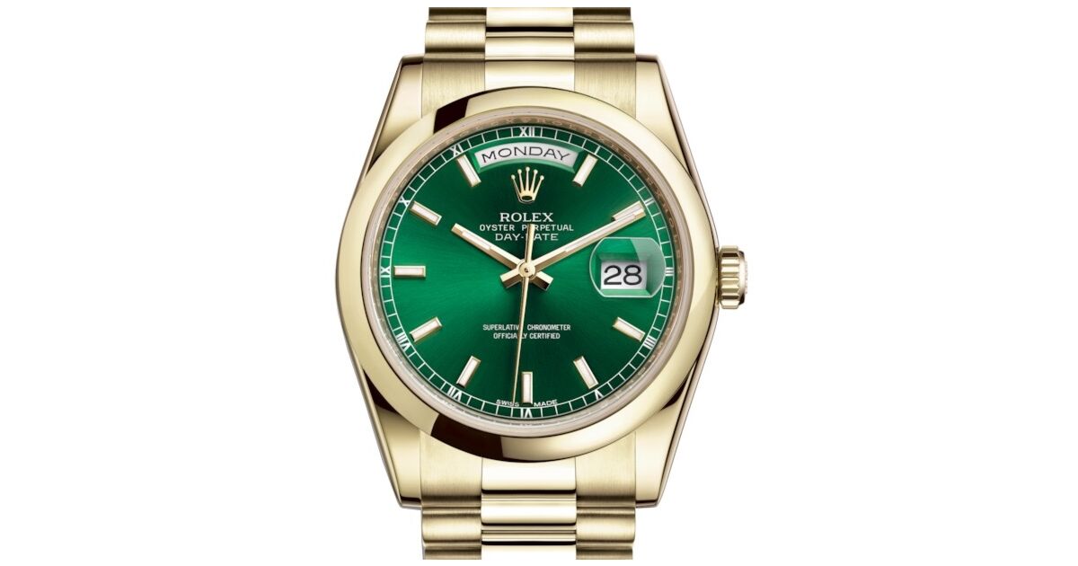 Rolex Day-Date 36 Yellow Gold Green Index Dial & Smooth Domed