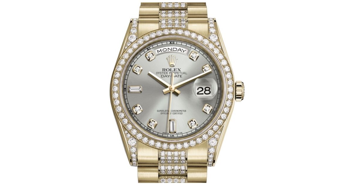 Rolex Day-Date 36 Yellow Gold Silver Diamond Dial & Diamond Set