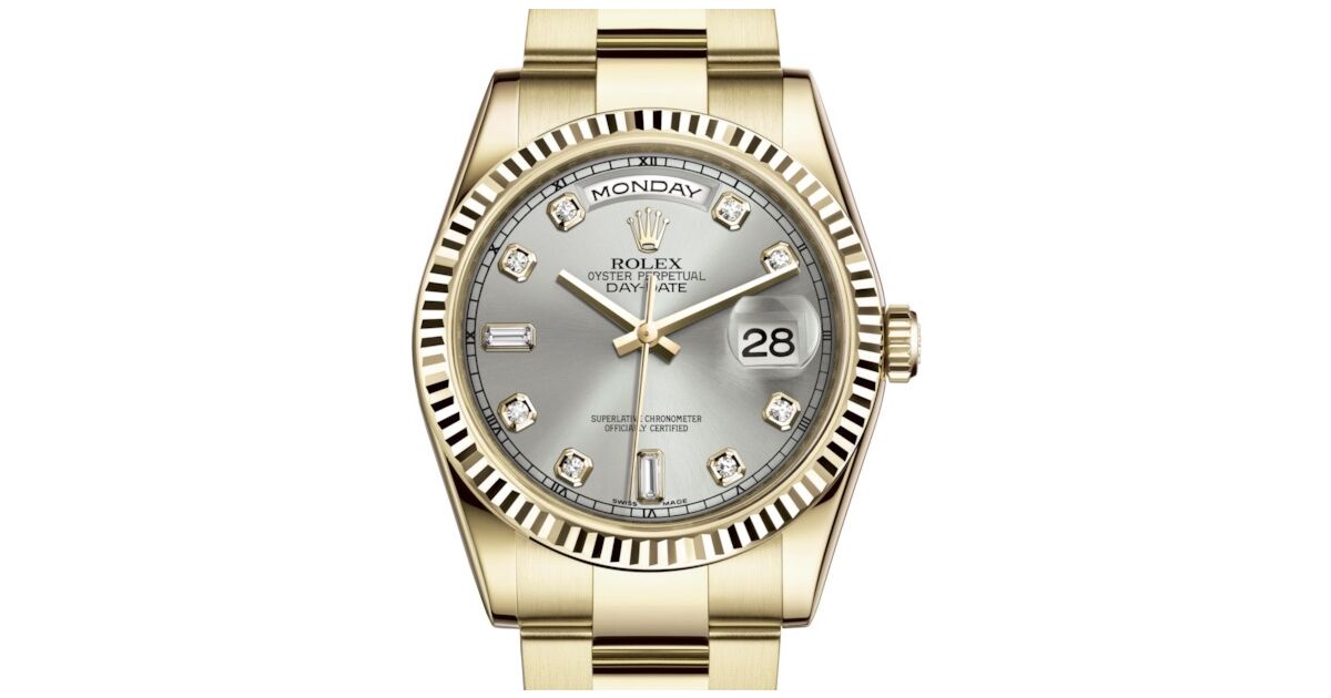 Rolex Day-Date 36 Yellow Gold Silver Diamond Dial & Fluted Bezel