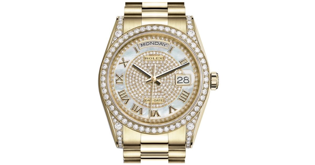 Rolex Day-Date 36 Yellow Gold White Mother of Pearl Diamond Paved