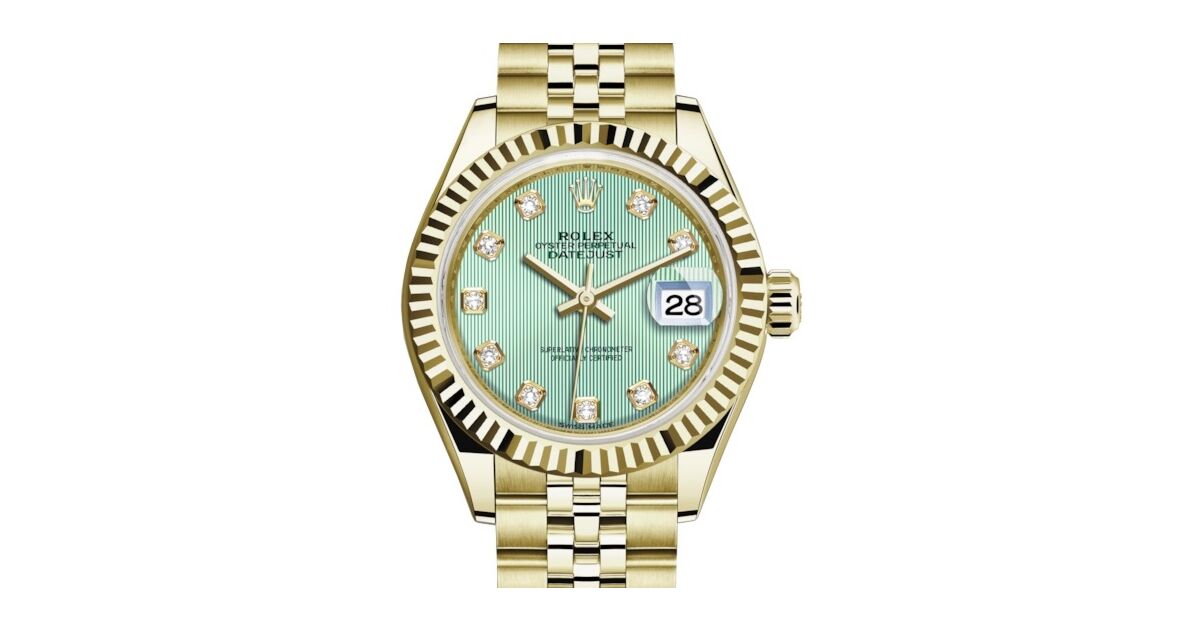 Rolex Datejust 28 279178 Mint Green Diamond Fluted Bezel Yellow