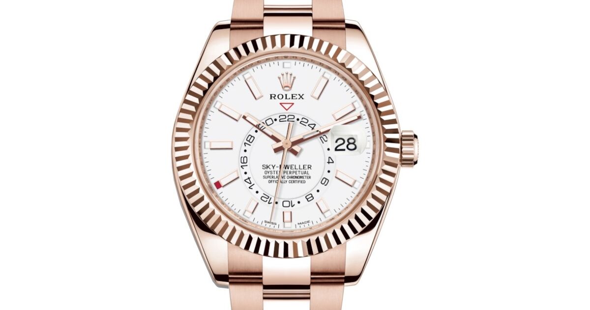 Rolex Sky-Dweller Rose Gold White Index Dial Fluted Bezel Oyster