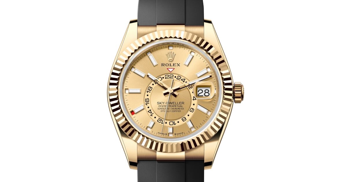 Rolex Sky-Dweller Yellow Gold Champagne Index Dial Fluted Bezel