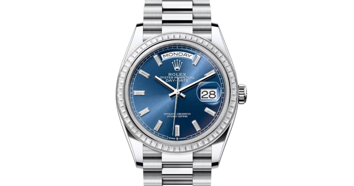Rolex Day-Date 36 President Platinum Bright Blue Baguette Diamond