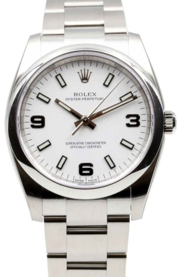Rolex Oyster Perpetual 34 Stainless Steel White Arabic Index Dial Smooth Bezel Oyster Bracelet 114200 BRAND NEW