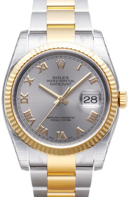 Rolex Datejust 36 116233 GRYRFO Grey Roman Fluted Yellow Gold Stainless Steel Oyster