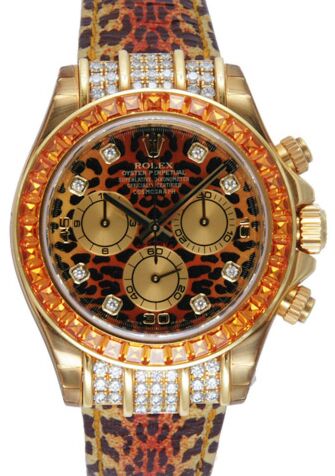 Rolex Daytona Yellow Gold Leopard Diamond Orange Dial Leather Strap 116598