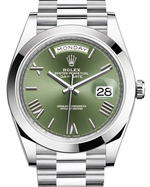 Rolex Day Date 40 228206 Olive Green Roman Platinum President BRAND NEW