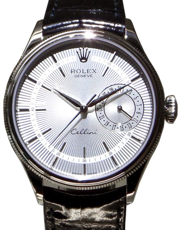 Rolex Cellini Date 50519 SLV Silver Guilloche Index White Gold Black Leather Manual BRAND NEW
