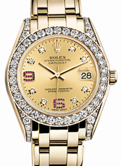 Rolex Pearlmaster 34 81158 Champagne Diamond Set Arabic 6 9 set with Rubies Yellow Gold BRAND NEW