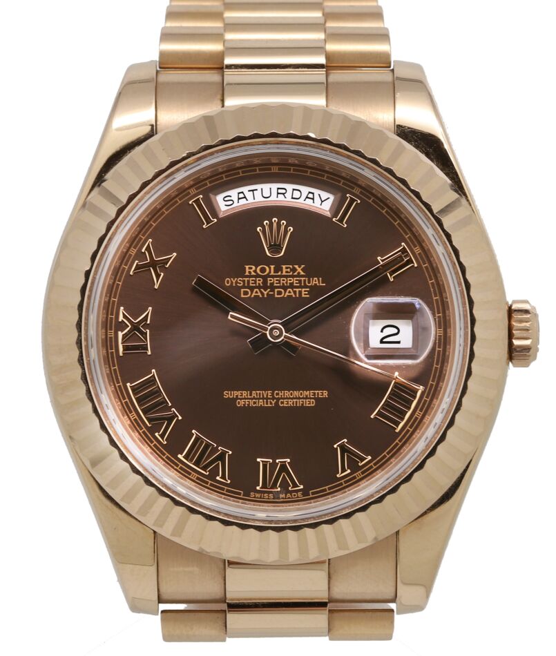 Rolex Day Date II Rose Gold 41mm Chocolate Brown Roman Fluted Bezel President Bracelet 218235