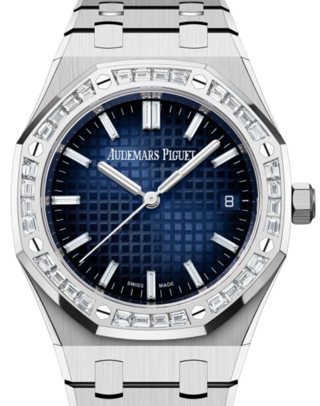 Audemars Piguet Royal Oak 34mm White Gold Diamond Set Bezel Blue Diamond  Baguette Dial 77451BC.ZZ.1261BC.01