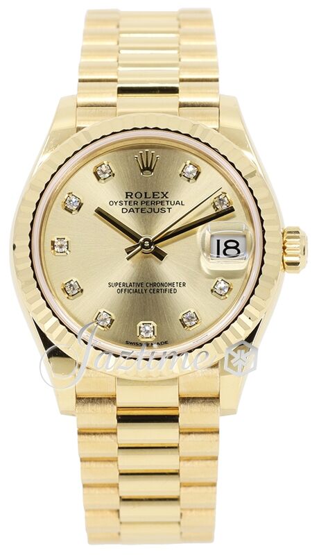 Rolex Datejust 31 Lady Midsize Yellow Gold Champagne Diamond Dial Fluted Bezel President Bracelet 278278 PRE OWNED