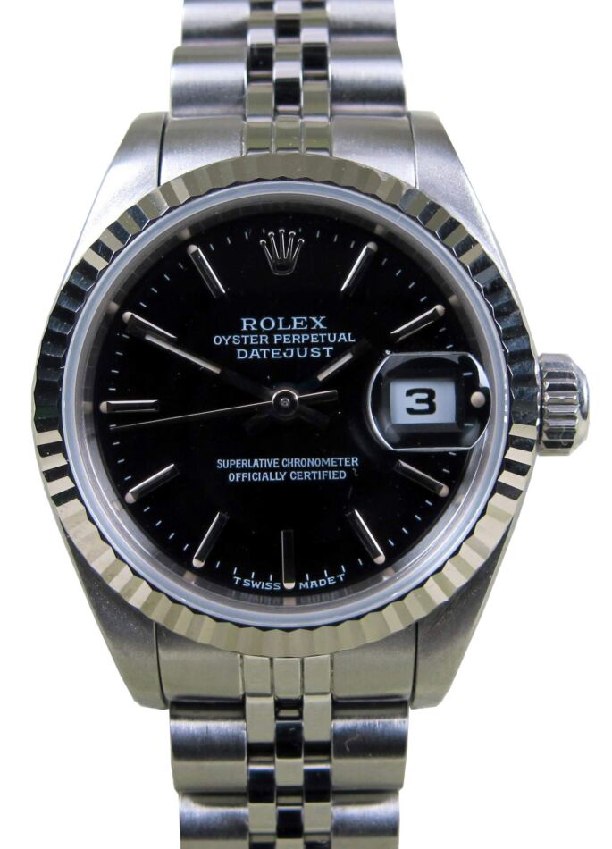 人気定番 Index 69174 Datejust Rolex Black Stainless Gold Fluted 18k 時計