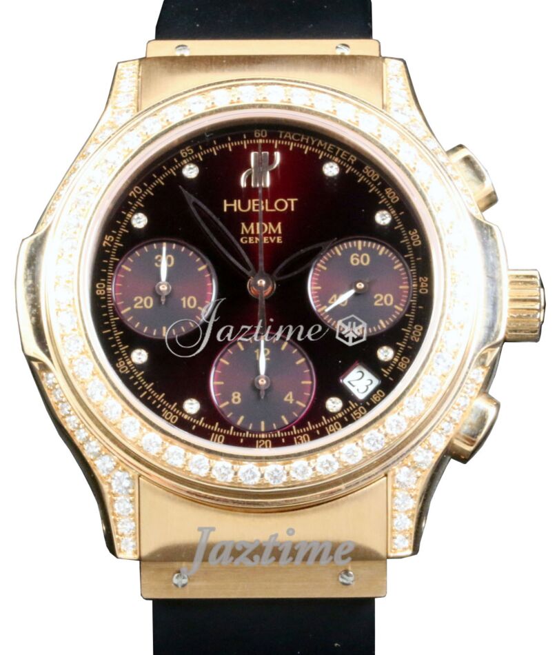 Hublot MDM Geneve Ladies Diamond 18k Rose Gold Black Chronograph