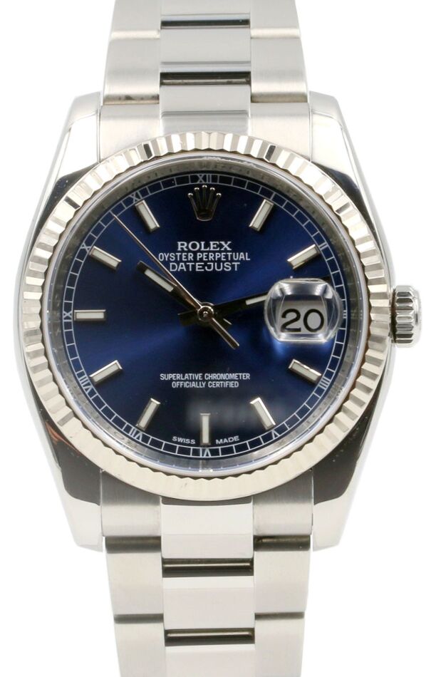 Rolex Datejust 116234 Men s 36mm Blue Index Fluted 18k White Gold Stainless Steel Oyster