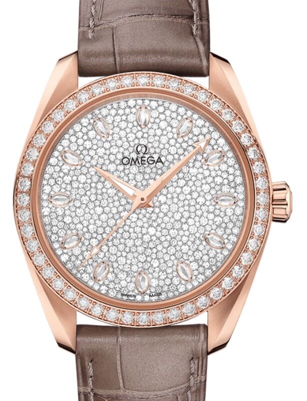 Omega Seamaster Aqua Terra 150M Co Axial Master Chronometer Ladies 38mm Sedna Gold Diamond Bezel Diamond Pave Dial Alligator Leather Strap