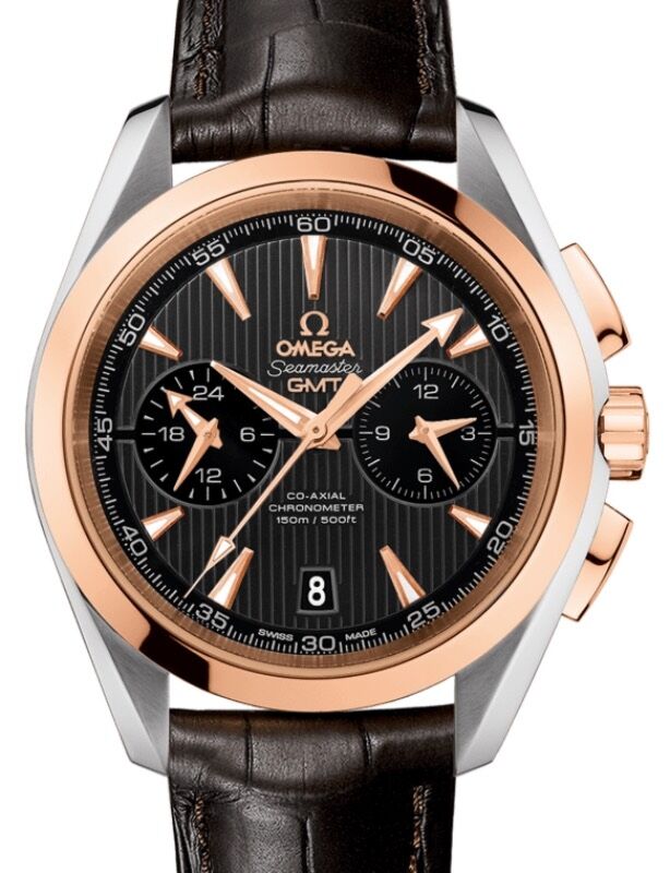 Omega Seamaster Aqua Terra 150M Co Axial Chronometer GMT Chronograph 43mm Stainless Steel Red Gold Grey Dial Alligator Leather Strap