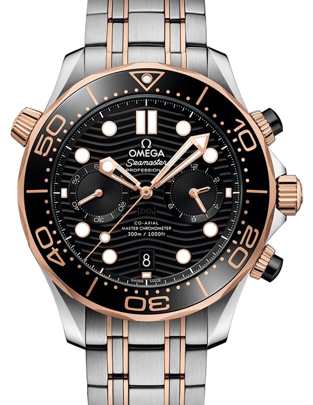 Omega Seamaster Diver 300M Co Axial Master Chronometer Chronograph 44mm Stainless Steel Sedna Gold Black Dial Bracelet 210.20.44.51.01.001 BRAND NEW