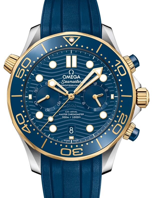 Omega Seamaster Diver 300M Co Axial Master Chronometer Chronograph 44mm Stainless Steel Yellow Gold Blue Dial Rubber Strap 210.22.44.51.03.001 BRAND NEW