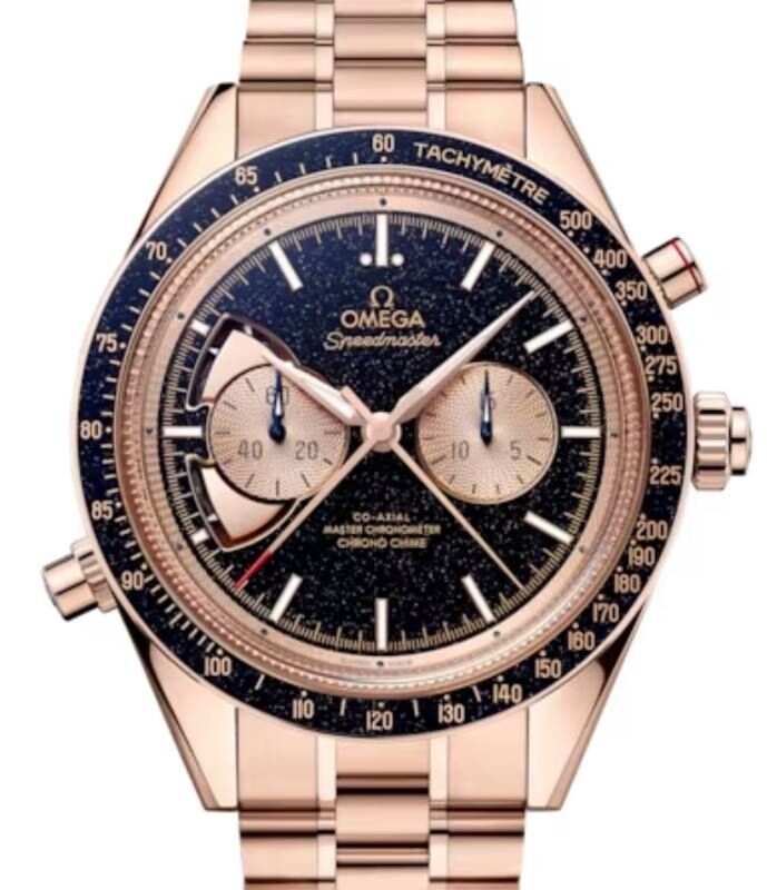 Omega Speedmaster Two Counters Chrono Chime 45mm Sedna Gold Blue 