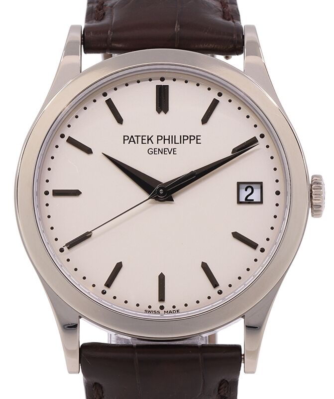 Patek Philippe 5296G 010 Calatrava 38mm White Opaline Index Date White Gold Brown Leather PRE OWNED