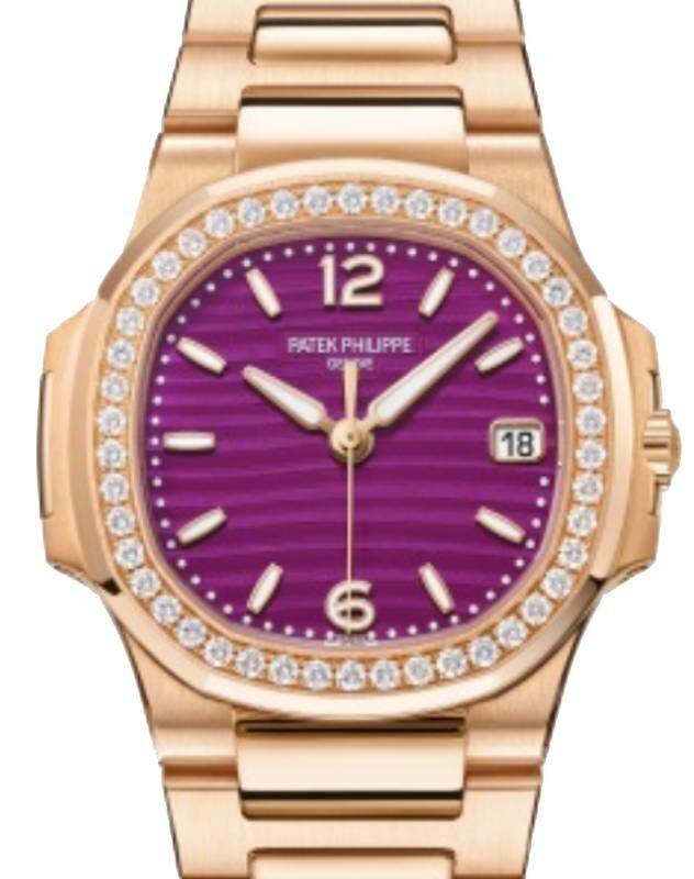 Patek Philippe Nautilus Date Sweep Seconds Quartz Rose Gold Diamonds Lacquered Purple Dial 7010 1R 013 BRAND NEW