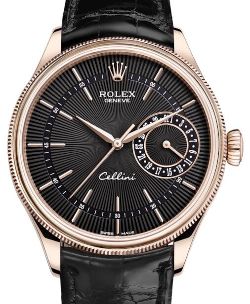 Rolex Cellini Date Rose Gold Black Guilloche Index Dial Domed Fluted Double Bezel Black Leather Bracelet 50515 BRAND NEW