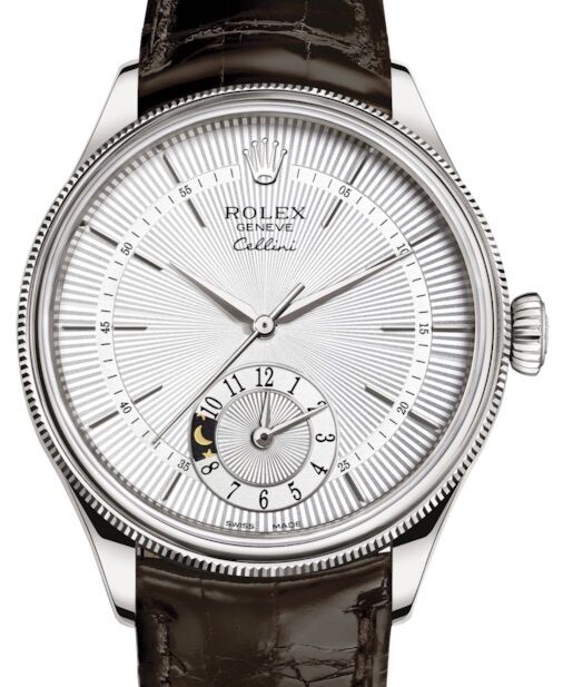 Rolex Cellini Dual Time White Gold Silver Guilloche Index Dial Domed Fluted Double Bezel Tobacco Leather Bracelet 50529 BRAND NEW