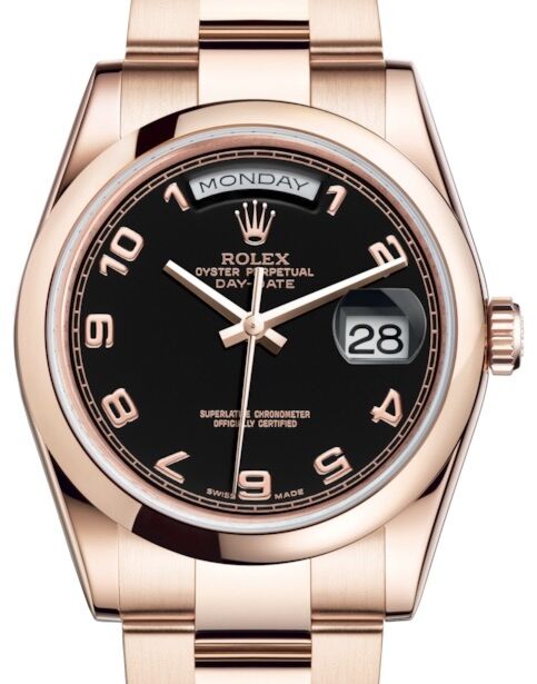 Rolex Day Date 36 Rose Gold Black Arabic Dial Smooth Domed Bezel Oyster Bracelet 118205 BRAND NEW