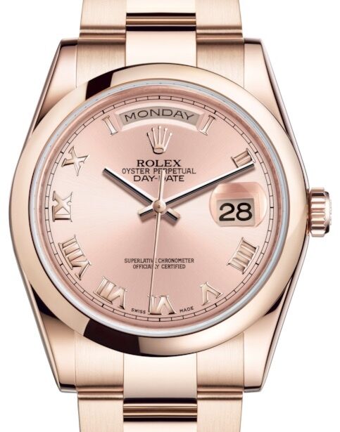 Rolex Day Date 36 Rose Gold Pink Roman Dial Smooth Domed Bezel Oyster Bracelet 118205 BRAND NEW
