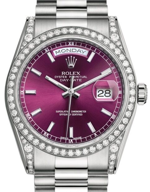 Rolex Day Date 36 White Gold Cherry Index Dial Diamond Set Case Bezel President Bracelet 118389 BRAND NEW