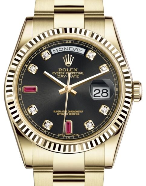 Rolex Day Date 36 Yellow Gold Black Diamond Rubies Dial Fluted Bezel Oyster Bracelet 118238