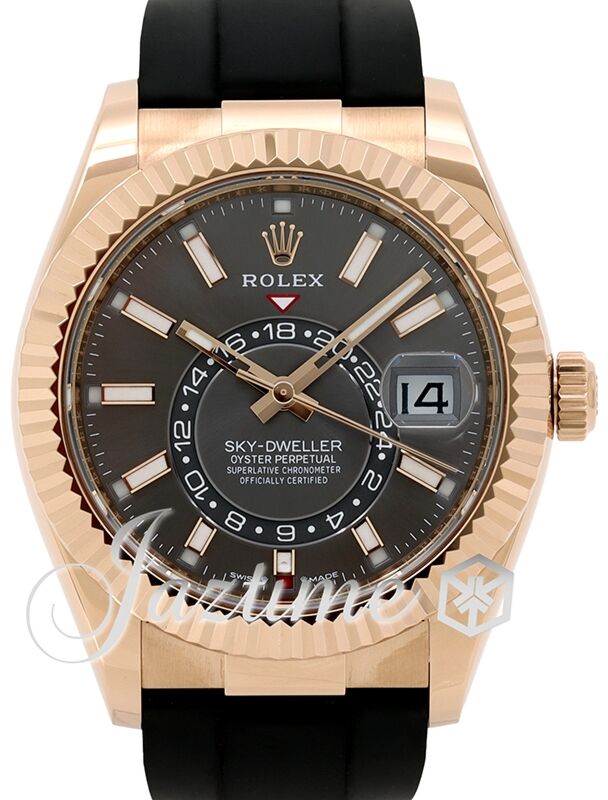 Rolex Sky-Dweller Rose Gold Slate Index Dial Fluted Bezel