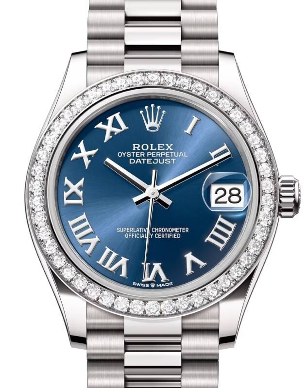 Rolex Datejust 31 White Gold Bright Blue Roman Dial & Diamond Bezel  President Bracelet 278289RBR - BRAND NEW