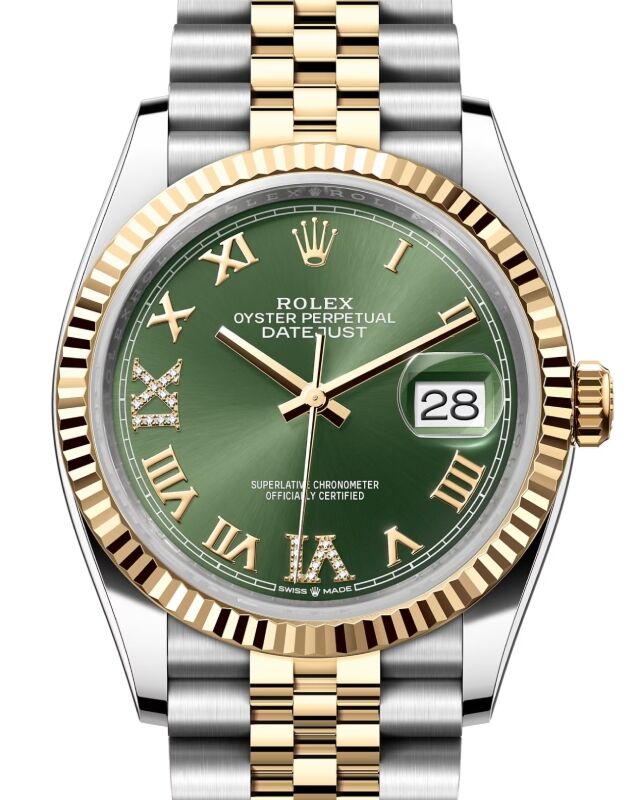 Rolex Datejust 36 Yellow Gold Steel Olive Green Roman Diamond VIIX Dial Fluted Bezel Jubilee