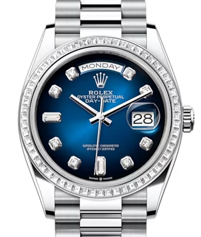 Rolex Day Date 36 President Platinum Blue Ombre Diamond Dial Bezel 128396TBR