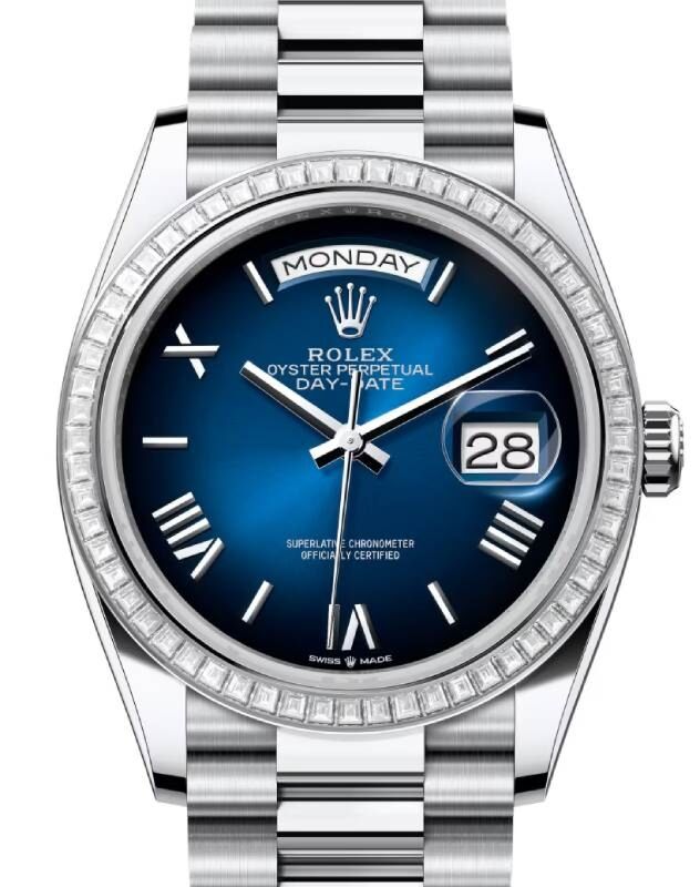 Rolex Day Date 36 President Platinum Blue Ombre Roman Dial Diamond Bezel 128396TBR