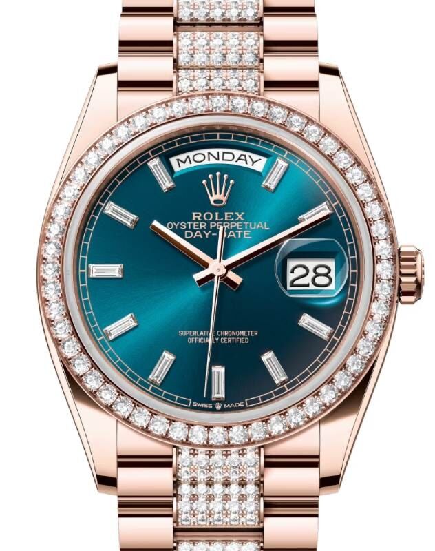 Rolex Day Date 36 President Rose Gold Blue Green Dial Diamond Bezel Bracelet 128345RBR