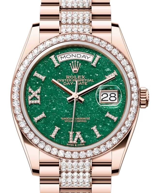 Rolex Day Date 36 President Rose Gold Green Aventurine Dial Diamond Bezel Bracelet 128345RBR