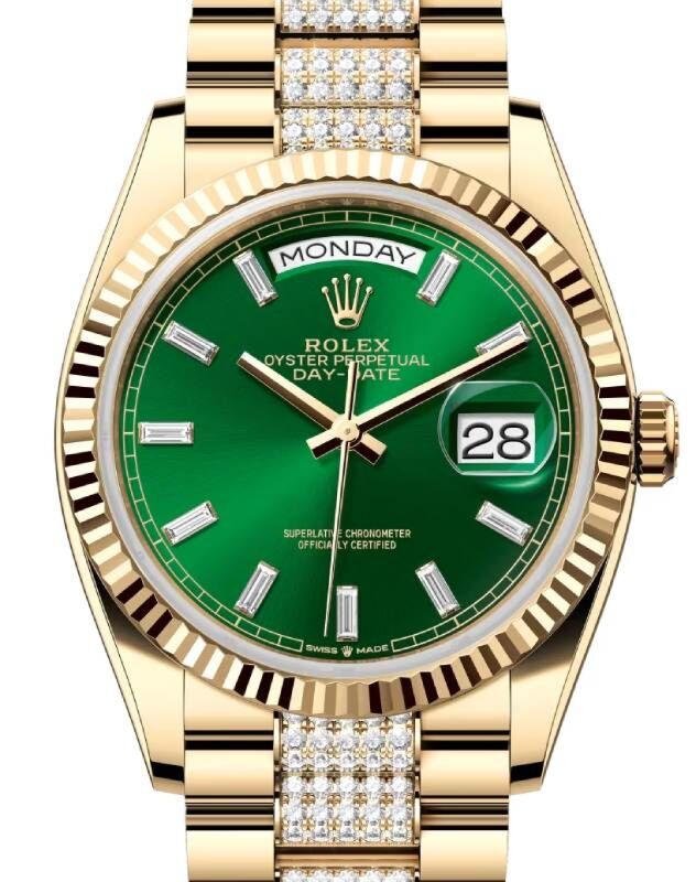 Rolex Day Date 36 President Yellow Gold Bright Green Diamond Dial Bracelet 128238