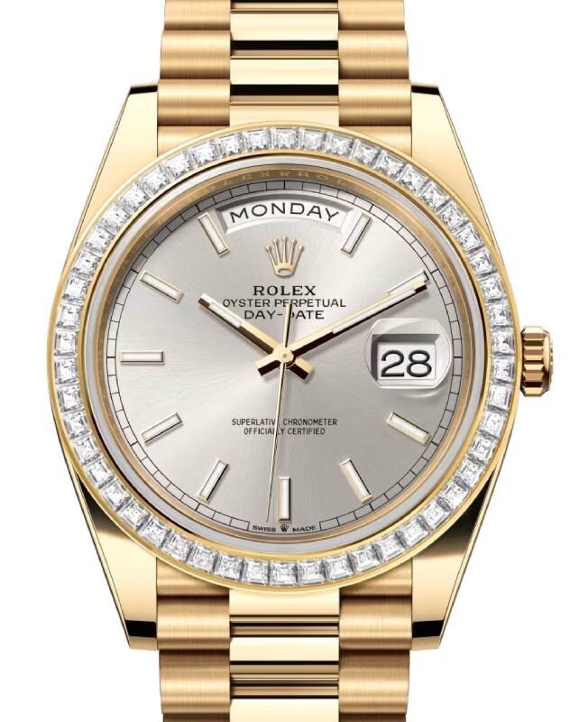 Rolex Day Date 40 President Yellow Gold Silver Index Dial Diamond Bezel 228398TBR
