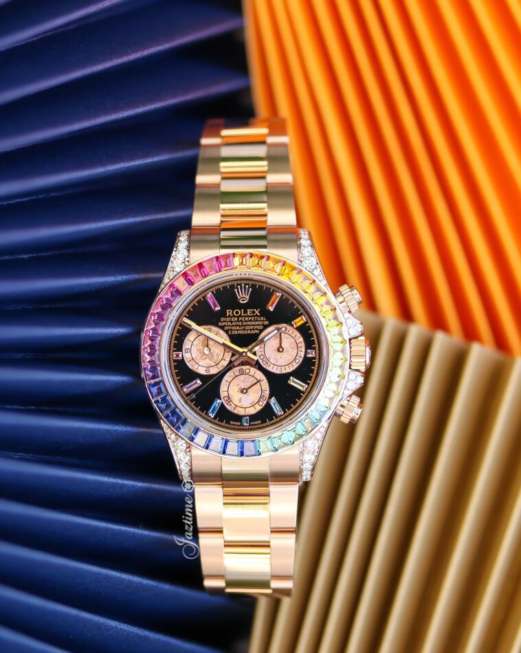 Rolex Daytona Rainbow Rose Gold Sapphire Diamond Gem Set Dial Bezel CUSTOM 116595RBOW 116505