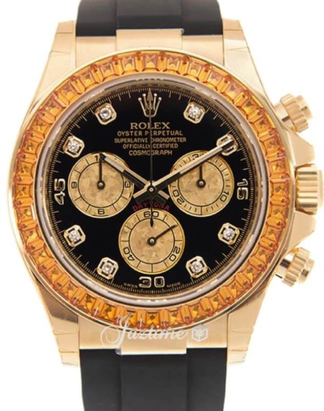 Rolex Daytona Yellow Gold Black Diamond Dial Orange Baguette Sapphires Bezel 116588SACO