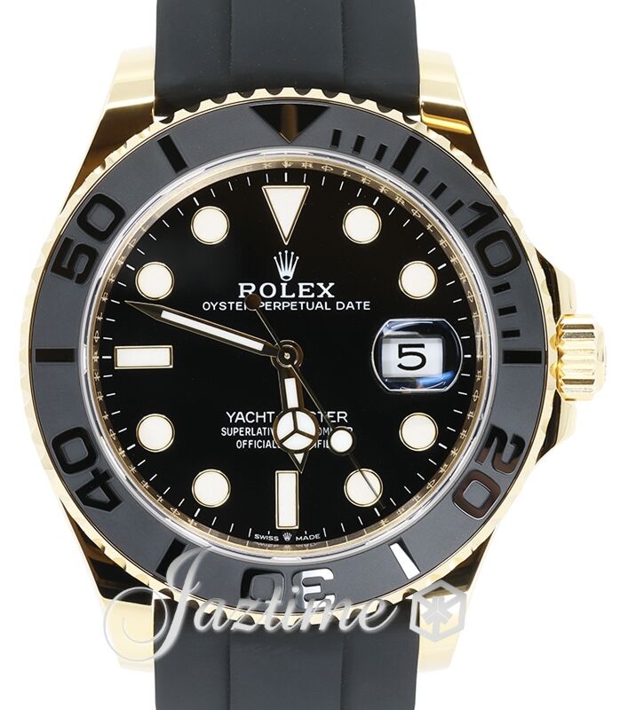 Rolex Yacht Master 42 Yellow Gold Black Dial Matte Black Oysterflex Strap 226658 PRE OWNED