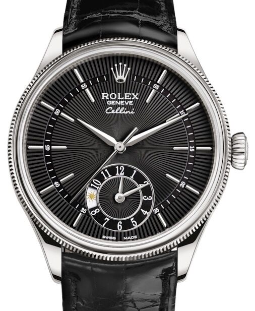 Rolex Cellini Dual Time White Gold Black Guilloche Index Dial