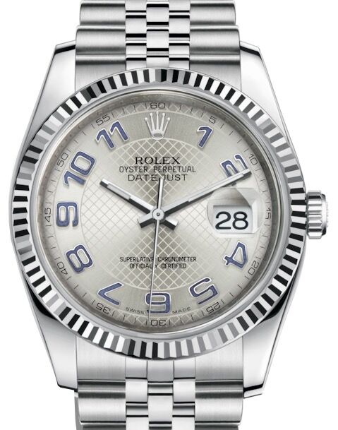 Rolex Datejust 36 White Gold/Steel Silver Diagonal Motif Arabic