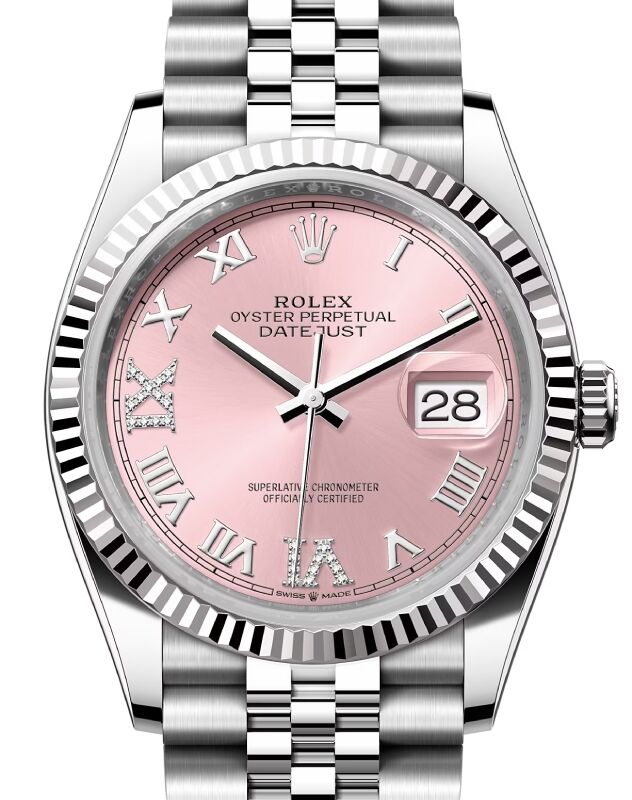 Rolex Datejust 36 White Gold/Steel Pink Roman & Diamond Dial